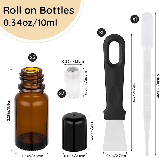 Segbeauty 0.34oz Glass Roller Bottles for Essential Oils, 5pcs Amber Refillable Roll On Bottles, 10ml Empty Rollerball Bottle for Oil, Small Travel Size Containers for Perfume Cosmetics Liquids