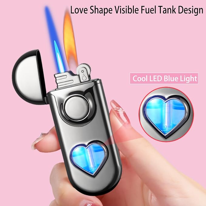 Torch Lighter, Dual Flame Lighter with 6pcs Flint Stone, Windproof Lighter with Visible Gas Window, Adjustable Soft Flame and Jet Flame 2 in1,Refillable Butane Lighter for Outdoor Indoor - Gradient B