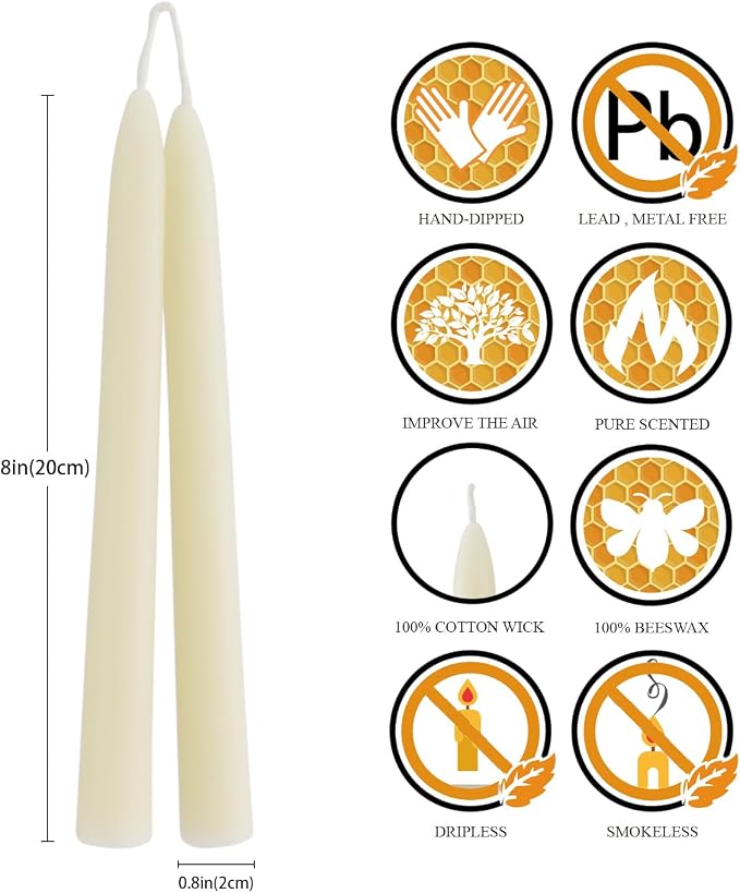 8 inch Natural White Beeswax Taper Candles Set of 2, DEYBBY Smokeless and Dripless Pure Organic Beeswax Candles for Anniversary Wedding Dinner Home Decor Emergency Housewarming Gift, 6-7Hrs Burn Time