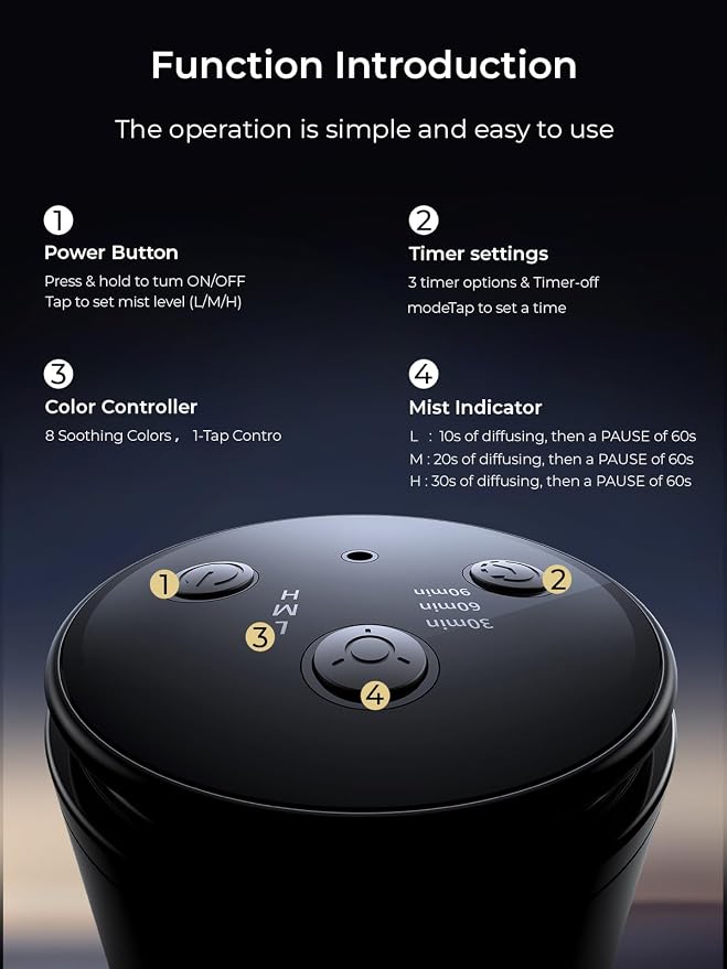 Battery Operated Waterless Diffuser – Portable Scent Machine for Car, Office & Bedroom, Ultrasonic Aroma Mist with 9 Color LED Light, Mini Essential Oil Diffuser Charcoal Black
