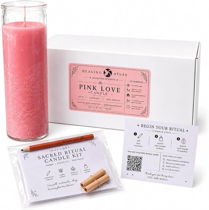Pink Love Manifestation Candle Kit – 8" Ritual Prayer Candle with Intention Scrolls, Pencil & QR Guide, Self-Love, Harmony & Relationships
