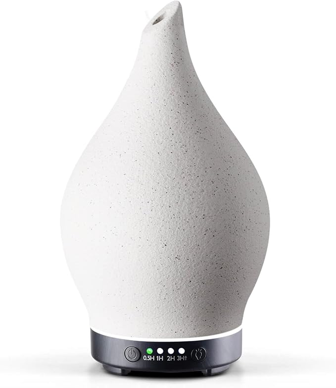 Porseme 150ml Essential Oil Diffuser Ceramic Color Changing Aroma Air Diffusers Aromatherapy Ultrasonic Cool Mist Humidifier 6 Running Hours for Sleeping Yoga Office Spa(White Ceramic, Black Base)