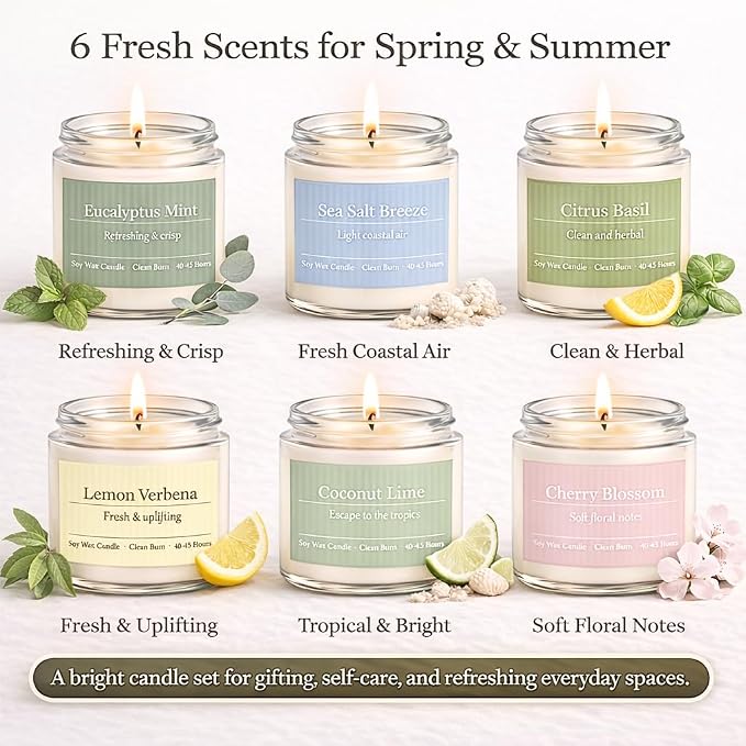 Scented Candles Gift Set,6 Pack Spring Summer Soy Wax Aromatherapy Candles,Lemon Verbena,Coconut Lime,Sea Salt Breeze, Citrus Basil, Eucalyptus Mint & Cherry Blossom