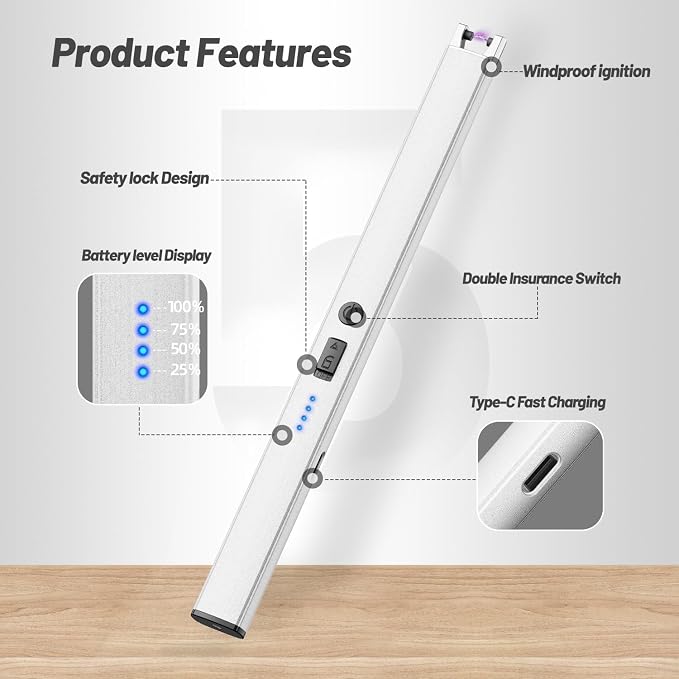 VEHHE Plasma Lighter, USB Type C Electric Lighters Rechargeable with Led Display, Windproof Pulse Extended Long Lighter with Anti-False-Touch Lock, for BBQ Camping Festivals-Silver