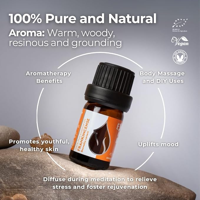 Essences Bulgaria Organic Frankincense Essential Oil 0.17 Fl Oz 5ml Boswellia Carterii - 100% Pure and Natural Undiluted Therapeutic Grade for Aromatherapy with Diffuser or Air Purifier Body Massage