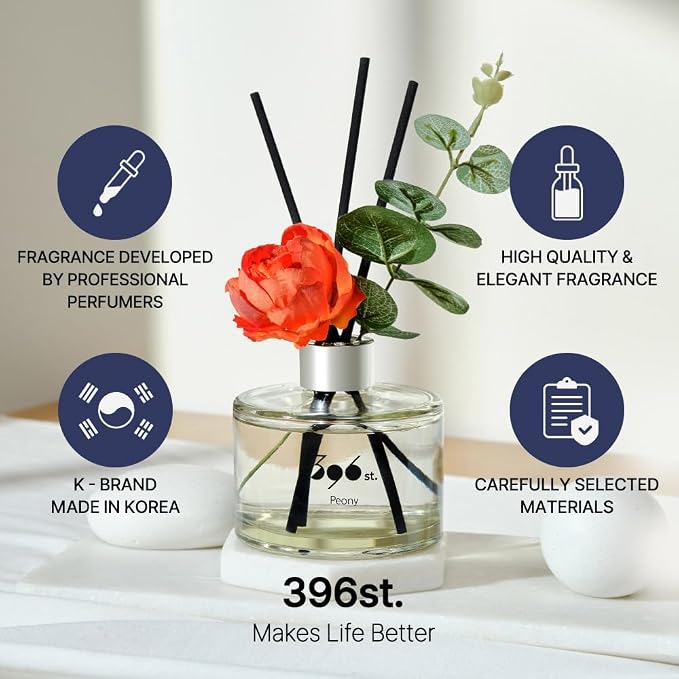 396 st. Peony Flower Reed Diffuser, Vanilla Lavender, 200ml(6.7oz) / Reed Diffuser Sets, Home Fragrance, Scented Oils, Home & Bathroom Décor