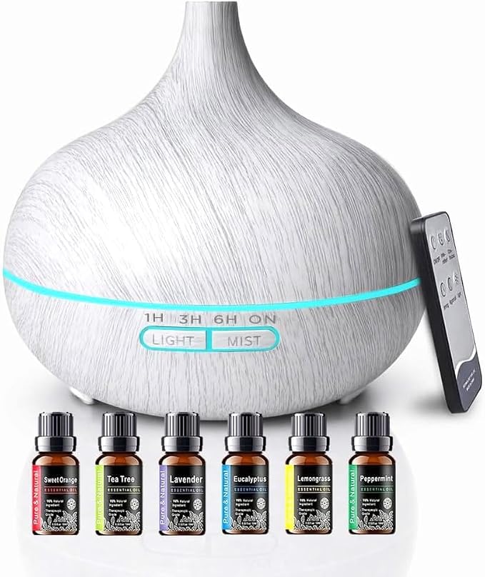 550ml Essential Oil Diffusers with Remote Control, Ultrasonic Oil Diffuser with Timer，7 Color LED Night Light and Waterless Auto-Off Functions for Home, Spa White Wood Grain