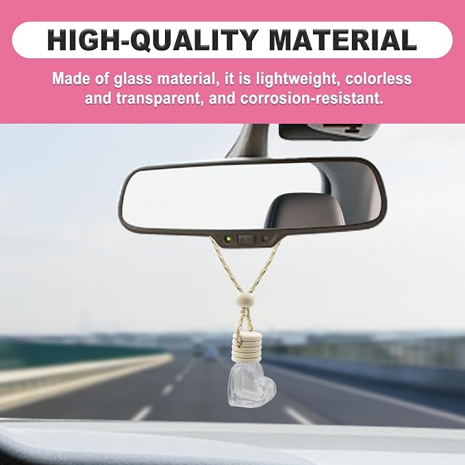 5 pcs Car Hanging Empty Glass Perfume Bottles Pendant Bottle, DIY Air Freshener Pendant, Empty Clear Glass Essential Diffuser Oil Aromatherapy, Glass Bottle Decor (Heart Shape)