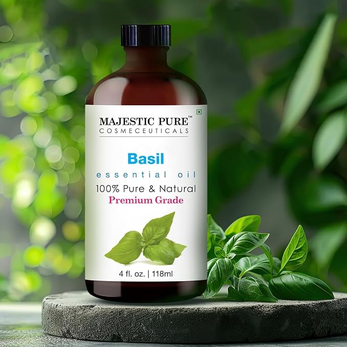 Majestic Pure Essential Oil with Glass Dropper - 100% Pure and Natural - Essential Oils for Diffuser, Aromatherapy, Soap and Candle Making, Basil Essential Oil, Basil Oil, 4 Fl Oz