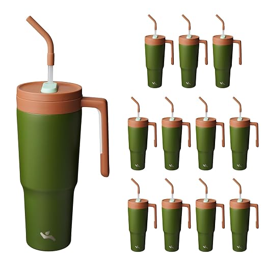 Konokyo 12 Pack 40 Oz Tumblers with Handle and Straw, Bulk Vacuum Insulated Stainless Steel Travel Mugs with Lids for Office, Events and Group Orders Forest Green