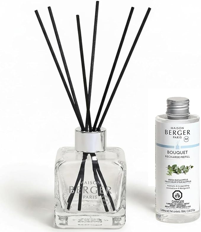 MAISON BERGER Reed Diffuser Bouquet, 100 ml, Fresh Eucalyptus | Clear Glass Bottle, 8 Reed Sticks, 100 ml Refill, Up to 6-Week Passive Diffusion, No Flame, Made in France