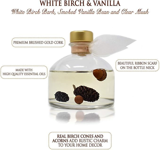 Reed Diffuser Set, White Birch & Vanilla Scented Oil Diffuser with Sticks, Home Fragrance Accessories for Bathroom Shelf Decor, Aroma Diffusers for Home or Office Fall Decor, USA Made