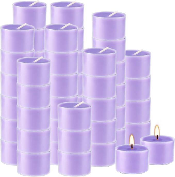 50 Pack Bulk Lavender Scented Tealight Candles in Clear Cup, Purple Wax Votive Candle for Birthdays Weddings Churches Anniversaries & More（8 Hour）