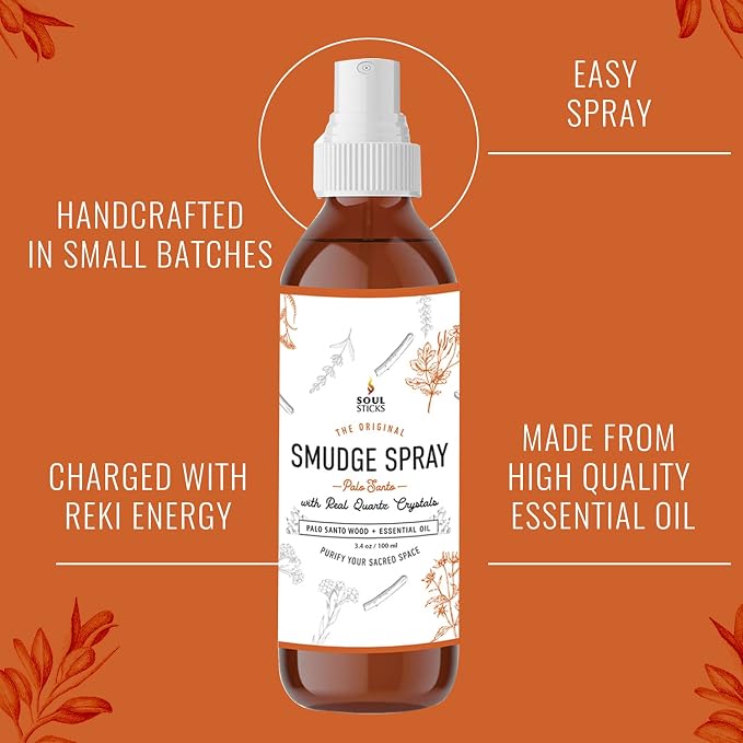 SOUL STICKS Palo Santo Smudge Spray – 3.5oz Smokeless Energy Mist with Quartz Crystals – Non-Toxic Cleansing Spray for Room, Meditation, Travel, Spiritual Rituals & Aura Purification
