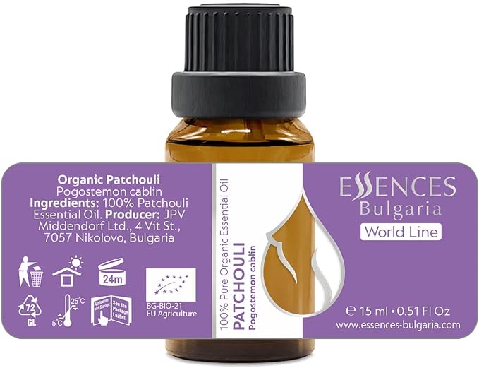 Essences Bulgaria Organic Patchouli Essential Oil 0.51 Fl Oz 15ml Pogostemon cablin - 100% Pure Natural Undiluted Therapeutic Grade for Aromatherapy Diffuser Sauna, DIY Perfume, Soap and Candle Making