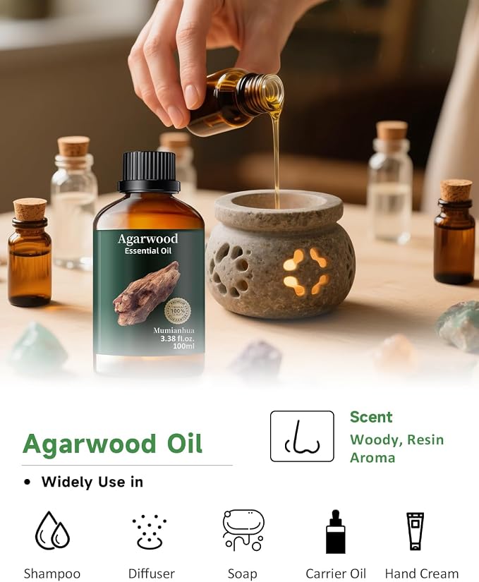 Agarwood Essential Oil, Pure Mumianhua Oud Oil for Meditation & Evening Grounding, Luxurious Woody Aroma for Diffuser, Perfume, Skin, Hair, Candle & Soap Making – 3.38 Fl Oz