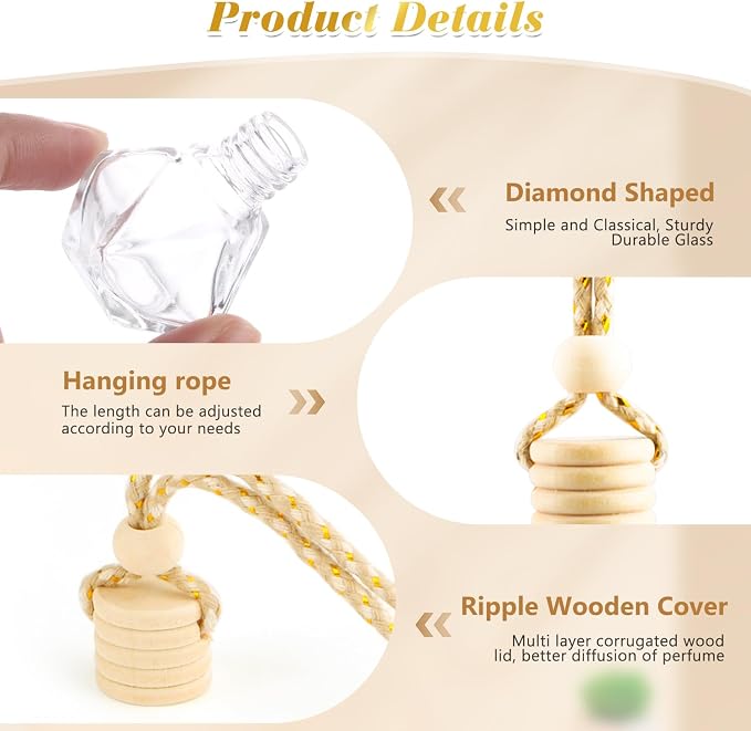 100 Pcs 8ml Hanging Car Air Freshener,Empty Clear Glass Essential Oil Diffuser Perfume Aromatherapy Pendant Bottle Vials Ornament Decor With Wooden Caps & Hanging String-Diamond Shape