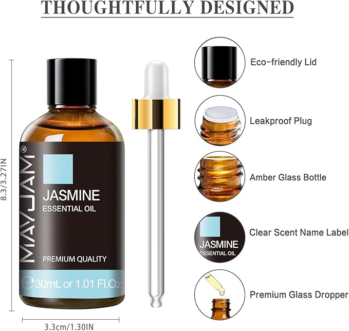 Jasmine Essential Oil 30ML/ 1.01FL.OZ, MAYJAM Pure Jasmine Oil Aromatherapy Essential Oil for Massage, DIY Soap, Ideal for Home Yoga Use