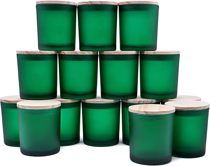SHOWIN 8 OZ Thick Candle Jars for Making Candles 15 Pcs, Empty Jars with Wood Lids for Candle Making, Sample Container, Frosted Green