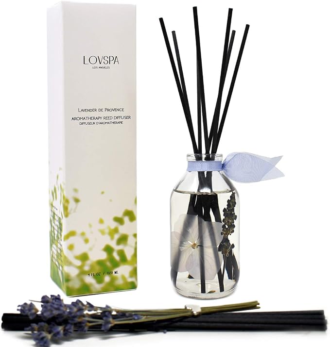 Lavender De Provence Reed Diffuser Set, Room Fragrance, Shelf Decor | French lavender, clary sage, and violet leaf profile, spa aroma, guest bathroom, decorative glass bottle, home scent