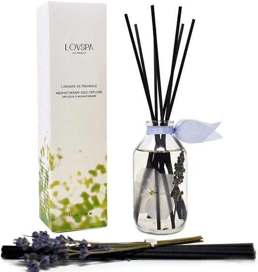 Lavender De Provence Reed Diffuser Set, Room Fragrance, Shelf Decor | French lavender, clary sage, and violet leaf profile, spa aroma, guest bathroom, decorative glass bottle, home scent