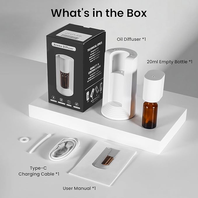 LAMA Waterless Essential Oil Diffuser, Portable Small Mini Scent Air Machine, Quiet Leak-Proof Home Fragrance Aroma Diffuser, USB Air Freshener with 1/2/3H Auto-Off Mode, 3 Mist Levels, White
