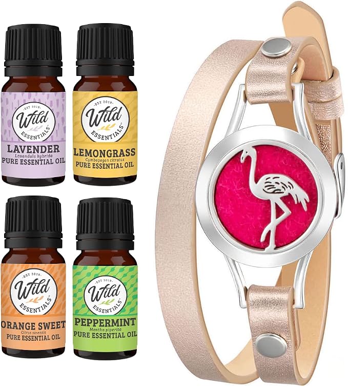 Wild Essentials Flamingo Essential Oil Leather Wrap Bracelet Diffuser Kit, Gift Set, Lavender, Lemongrass, Peppermint, Orange Oils, 12 Pads, Customizable Color Changing Perfume Jewelry, Aromatherapy