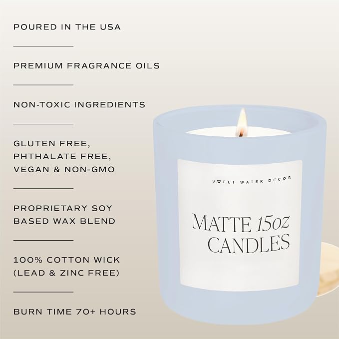 Sweet Water Decor Salt and Sea Scented Soy Candle, Scent Notes of Sea Salt, Citrus, Musk, and Amber, Non-Toxic Wax Blend, 70 Hour Burn, 15oz Blue Matte Jar for Home and Bedroom, Hand Poured in USA