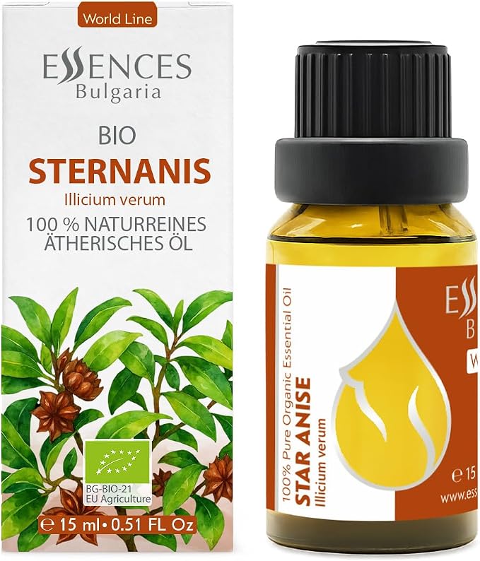 Essences Bulgaria Organic Star Anise Essential Oil 0.51 Fl Oz | 15ml | Illicium verum | 100% Pure | Natural | Undiluted | Therapeutic Grade | Aromatherapy | Cosmetics | Cruelty Free | Non-GMO | Vegan