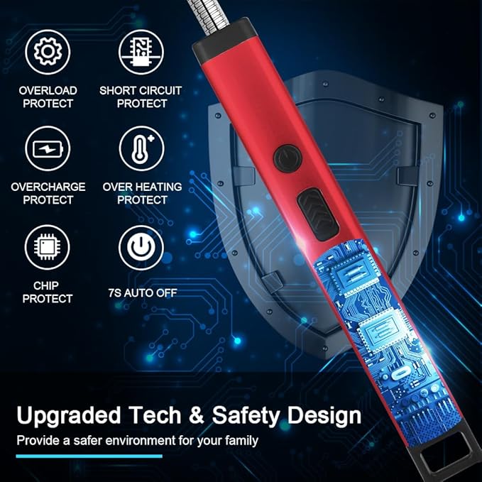 SUPRUS Rechargeable Candle Lighter Electric Arc Triple Safety Long Lighter Stainless Steel Shell & Hanging Hook (Red)
