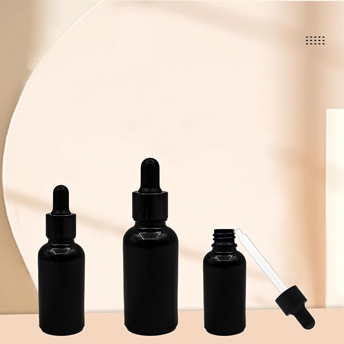 12 Pcs1 oz Black Glass Dropper Bottle 30 ml Tincture Bottles with Dropper Lab Dropping with Eye Droppers, Funnels, Label Stickers for Essential Oil Perfumes (Black, UV Safe Bottles)