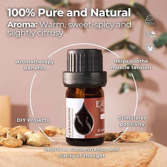 Essences Bulgaria Cardamom Essential Oil 5ml (0.17 Fl Oz) | Elettaria cardamomum | 100% Pure, Natural, Undiluted | Aromatherapy, Cosmetics | Vegan, Non-GMO, Cruelty-Free