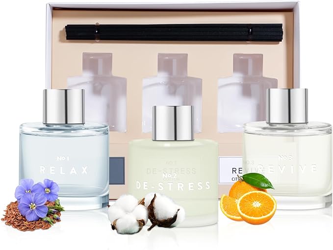 3 Pack Fragrance Diffuser, 50ML Clean Linen Cotton Citrus Aromatherapy Set with 12 Black Fiber Sticks,Air Freshener for Bedroom Bathroom Office