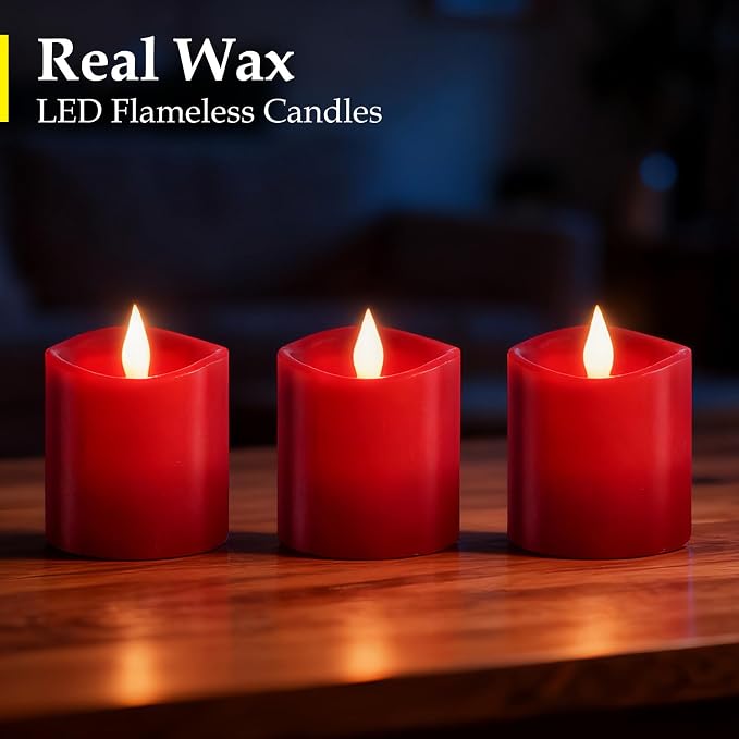 3" x 3" Red Flameless Candles - LED Pillar with Remote, Timer, Flickering, 600+ Hour Battery Life, Ideal for Christmas, Halloween, and Indoor Decor 3"*3"-3pcs