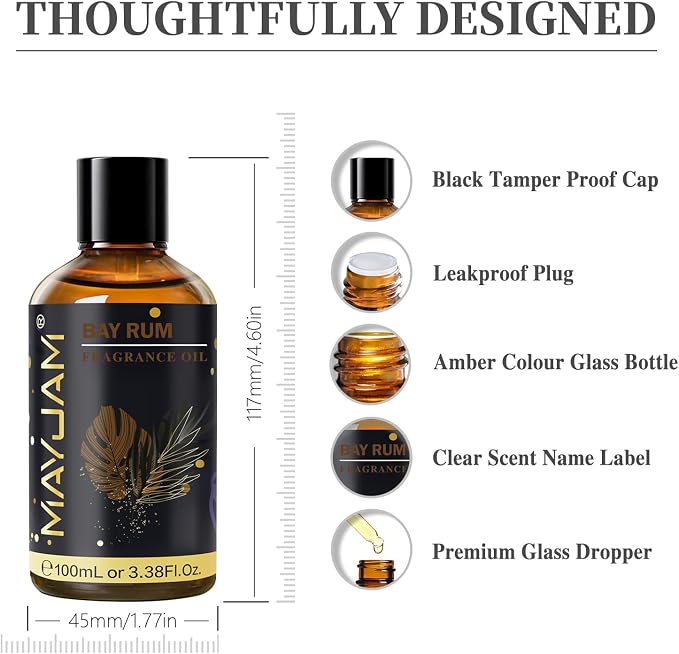 Bay Rum Fragrance Oil Essential Oil, MAYJAM 3.38FL.OZ Bay Rum Oil for Diffusers for Home, Long Lasting Scented Oils for Soap Candle Making - 100ML