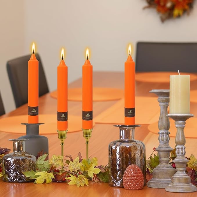 Orange Candle 9 Inch Tall Smokeless Taper Candles 4 Pack Unscented Candle for Christmas Dinner Halloween Thanksgiving Day Household Décor Candlesticks