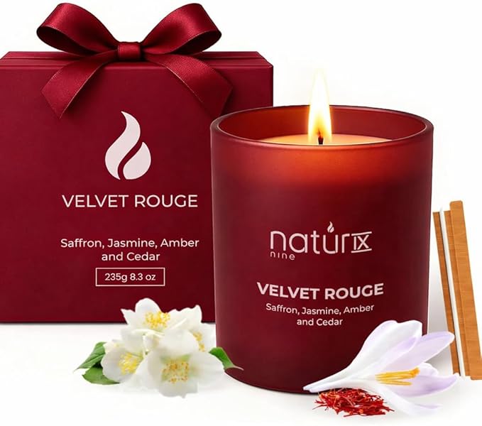 Natur IX Velvet Rouge Scented Valentine Candle for Her, Girfriend, Wife - Romantic Candles - Cedarwood, Saffron, Jasmine & Amber - Natural Non Toxic Soy Candles with Essential Oils - 50H Long Burning