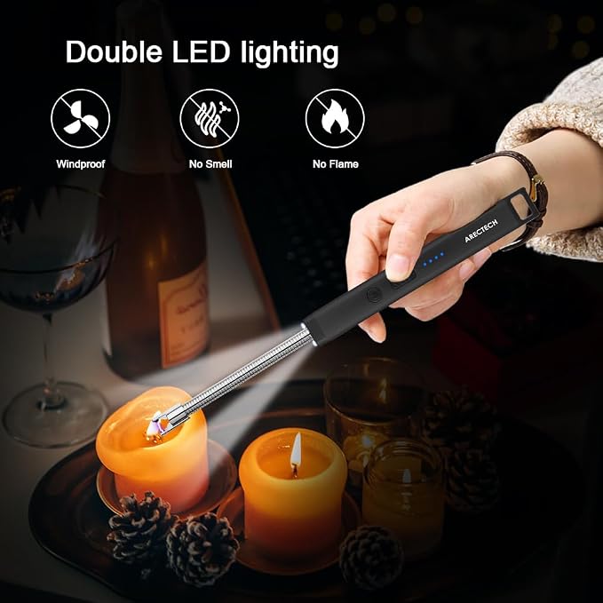 ARECTECH Candle Electric Lighter Rechargeable USB Arc Lighter for Candle Camping Fireworks Christmas Birthday Gifts with LED Light for Men Women Black