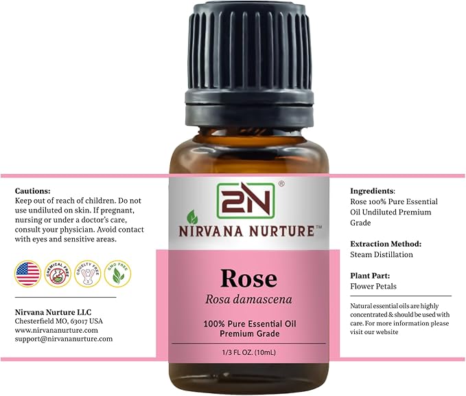 Rose Essential Oil, 100% Pure Undiluted, Aromatherapy Oil for Diffuser, Hair & Skin Care
