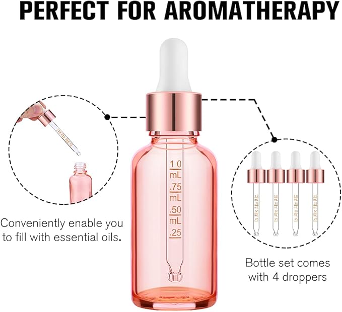 PrettyCare 4 Pack 1oz Dropper Bottles for Essential Oils with Labels, Funnel & Measured Pipettes, 30 ml Leak Proof Rose Glass Essential Oils Bottles- Empty Tincture Bottles for Personal Care & Beauty