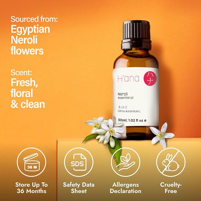H'ana Neroli Oil - 1.02 Fl Oz Neroli Essential Oil for Hair, Skin, Diffuser, Aromatherapy & DIY