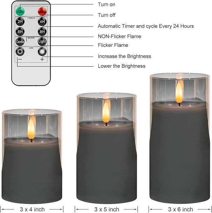 ANGELLOONG Grey Fake Candles Battery Operated, Flickering Flameless Candles with Timer and Remote, Glass LED Electric Pillar Candles Set of 3 for Home Coffee Table Bathroom Decor