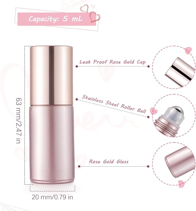 10 Pack 5mL Empty Glass Roll On Bottles Rose Gold with Stainless Steel Ball Applicator for Essential Oils Perfume Refillable Leak Proof Travel Portable DIY Craft Eye Care Sample