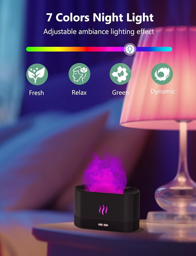 PIZAY Essential Oil Diffuser, Air Humidifier with Flame Led Light - 7 Colors, 180mL Capacity (8 Hours), Noiseless Operation, Auto-Off Protection - Perfect for Home Bedroom Office Gifts(Black)