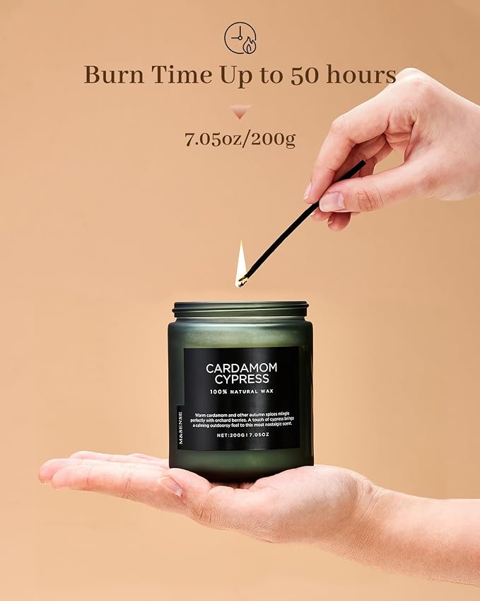 M&SENSE Cardamon & Cypress Scented Candle, 50 Hours Burn Clean Non Toxic Candle 7.05oz Natural Soy Wax Organic Candles Cozy Home Fragrance Meditation Candle Holiday Birthday Gift for Men Women