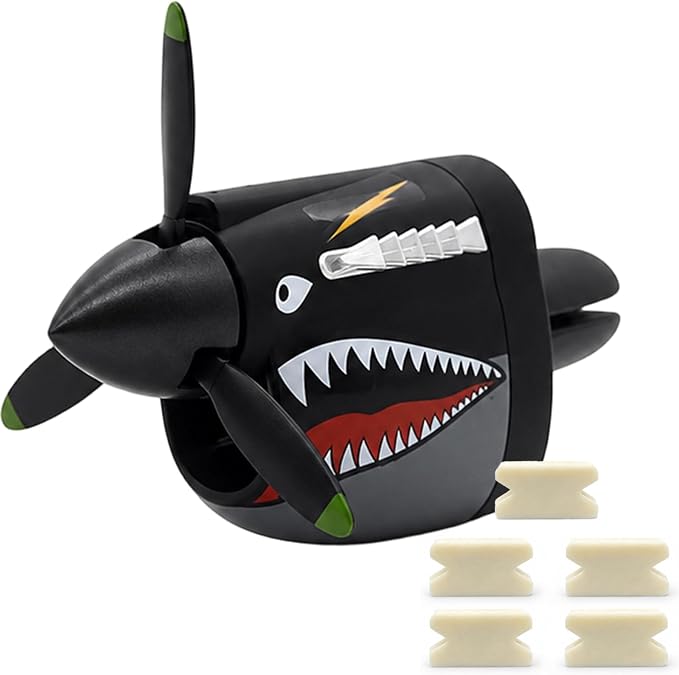 P-40 Warhawk Car Air Freshener with Spinning Propeller - Vent Clip Dashboard Decor for Men, Long Lasting Odor Eliminator & Aviation Gift (BLACK-P40-SHARK-1SET)