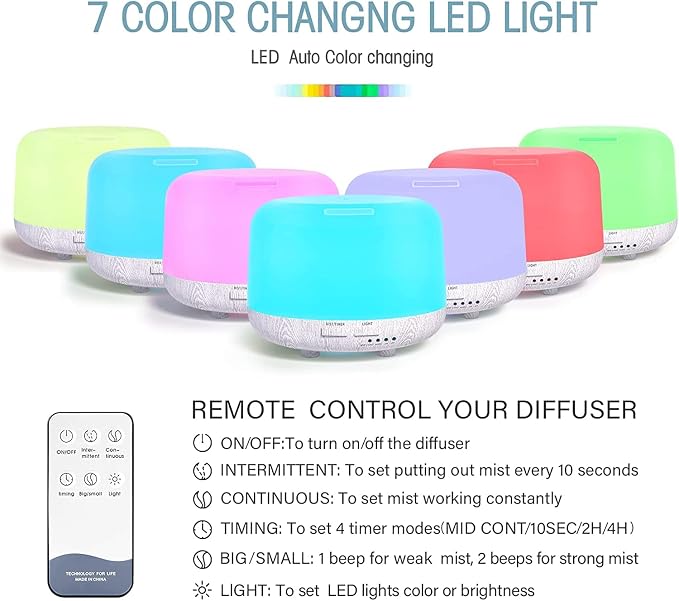 Aromatherapy Diffuser for Essential Oil, 300ml Cool Mist Humidifier with Remote Control, Aroma Diffusers for Home with Waterless Safety Switch & 14 LED Colors White Wood Base