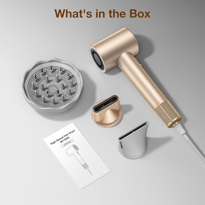 Hair Dryer with Diffuser, Grip-Sensor On/Off High-Speed Blow Dryer for Fast Drying, Ionic Hair Dryer 110000 RPM 1400W 200M for Frizz Reduce, Low Noise Thermo-Control for Curly Hair Light Gold