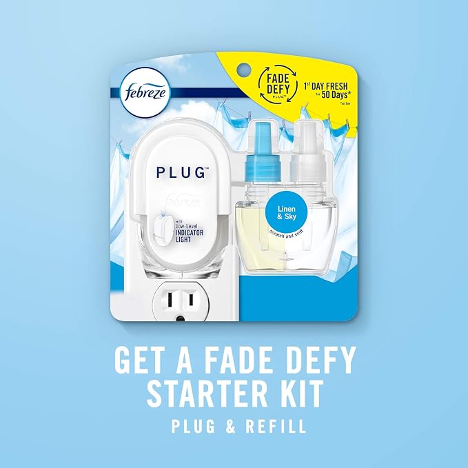 Febreze Plug In Air Freshener, Odor-Fighting Scented Oil Starter Kit, Air Fresheners for Home and Bathroom and Kitchen, Long Lasting for Strong Odors, Linen & Sky Scent, Warmer + 2 Refill