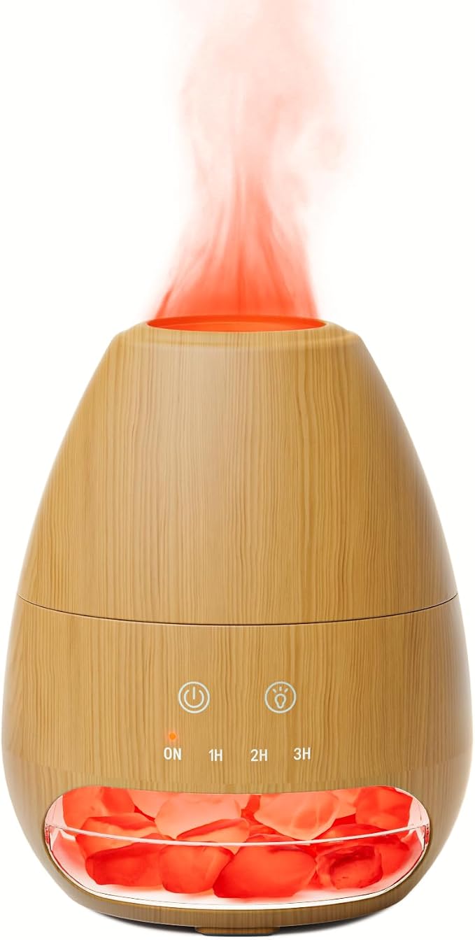Ultrasonic Essential Oil Diffuser with Himalayan Salt Rock,Flame Diffuser with 7 LED Light,100ML Small Aromatherapy Oil Diffuser with Auto Off Function for Home, Office,Spa,Wooden Grain